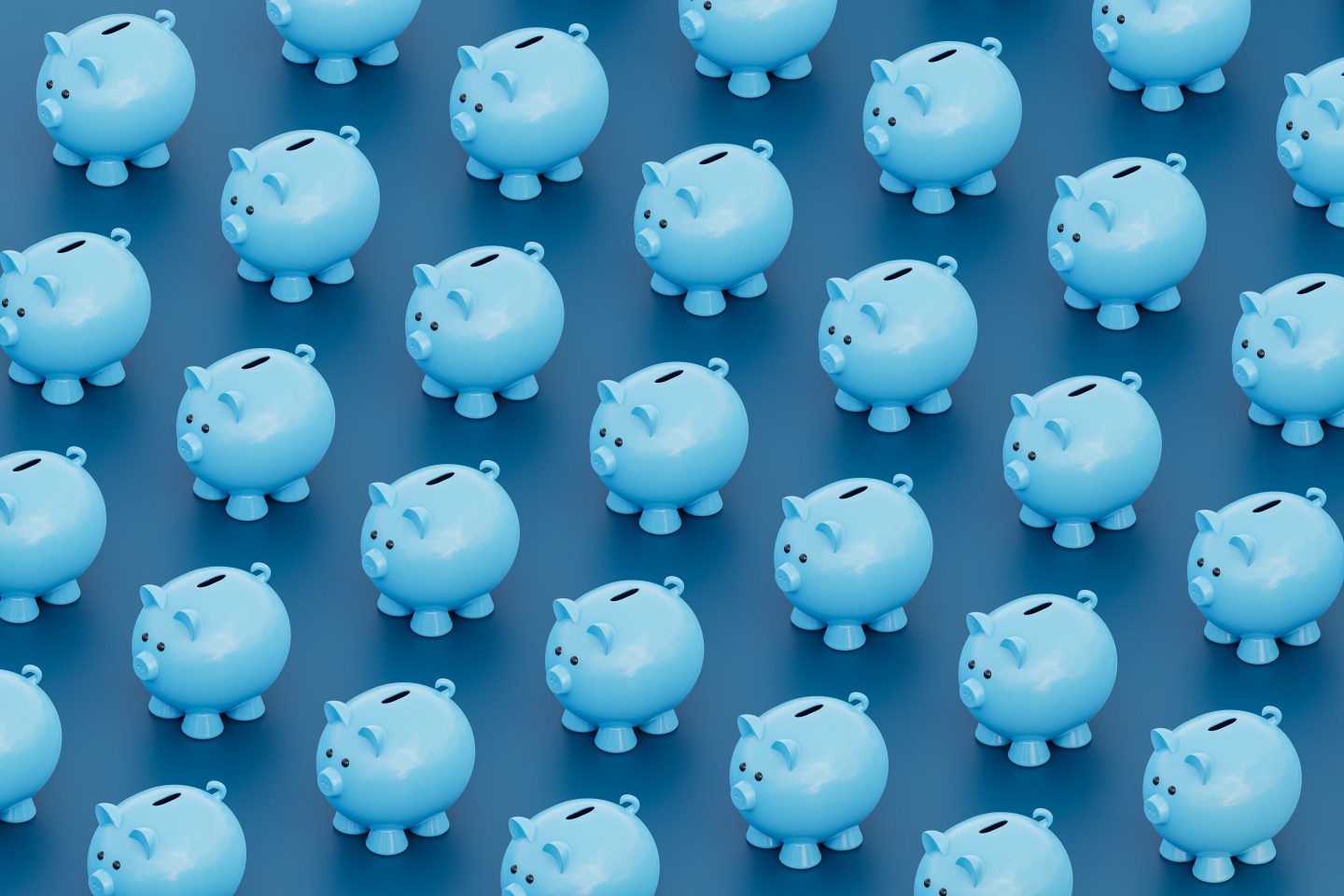 A matrix of small blue piggy banks