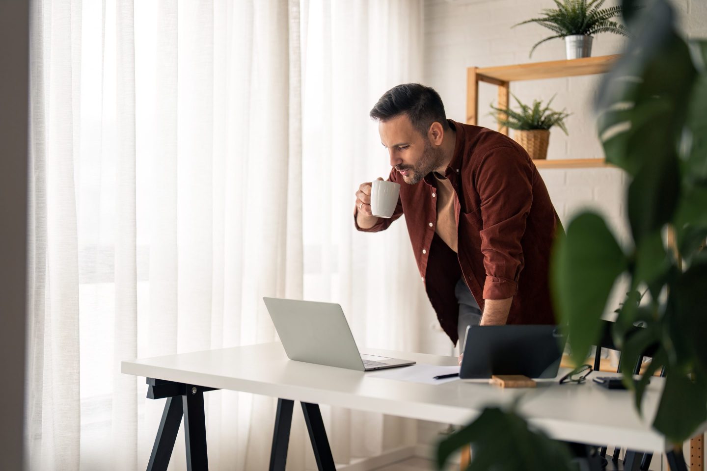 Handsome stylish man in casual clothes looking at laptop computer screen enjoying coffee in home office room during the day while standing and leaning with one hand on table next to window with white curtains.