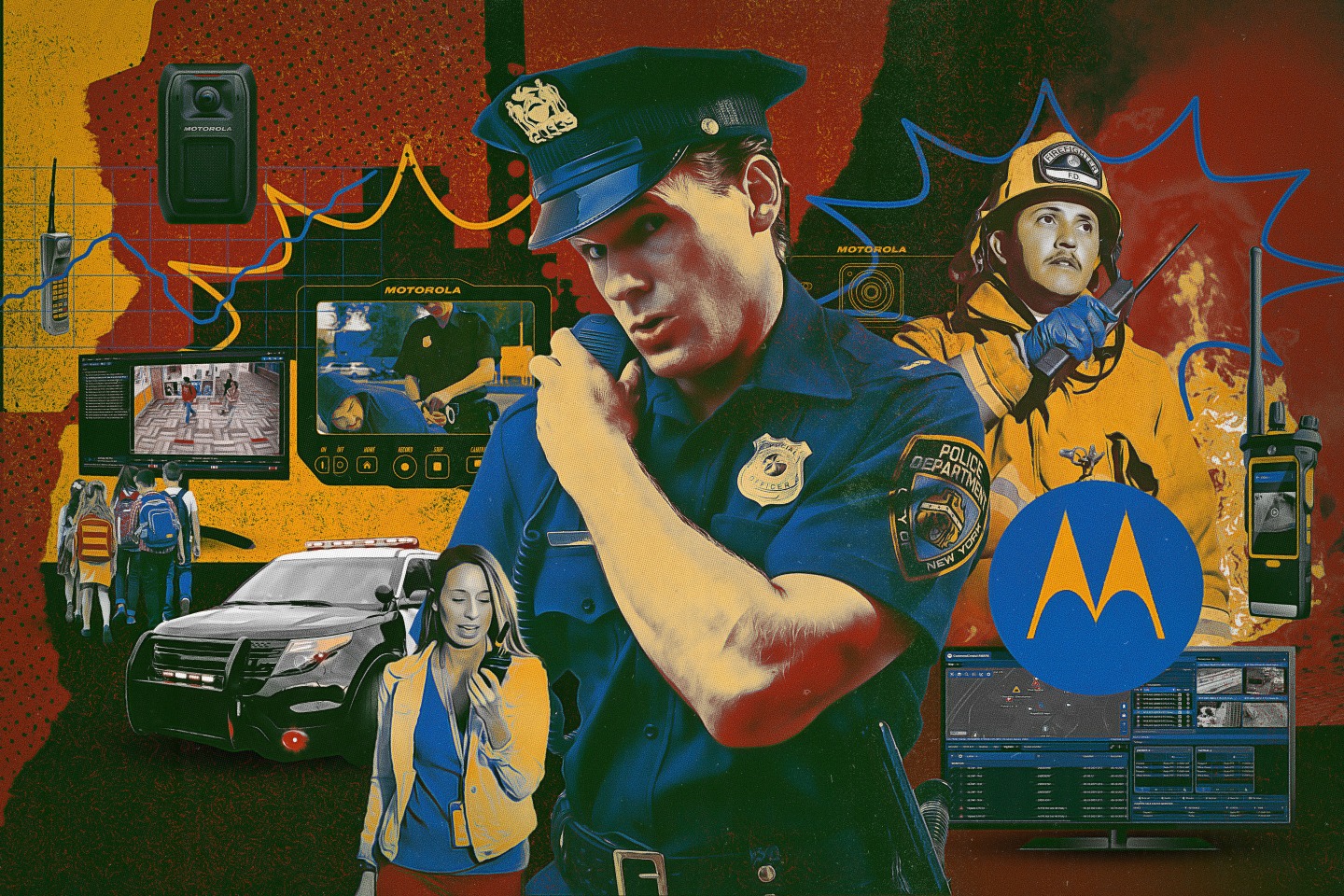 An illustration of police officers, firefighters, and school officials using Motorola equipment.