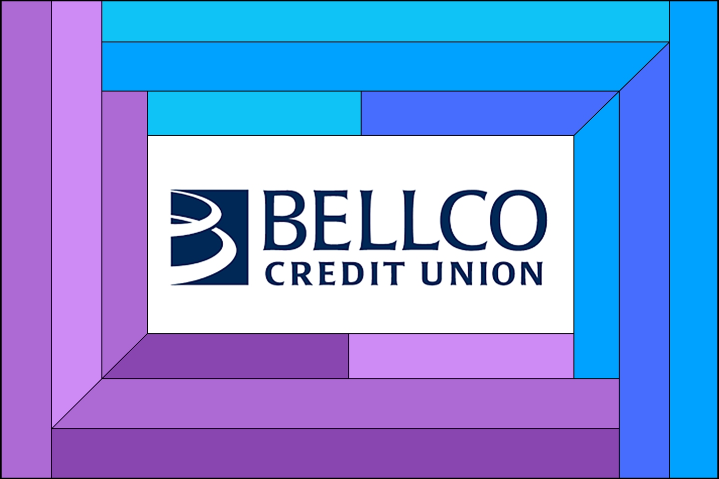 Illustration of the Bellco Credit Union logo surrounded by a blue and purple frame.