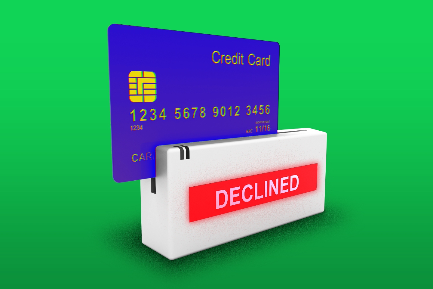 Photo illustration of a credit card being swiped in a reader and the screen reading "declined."