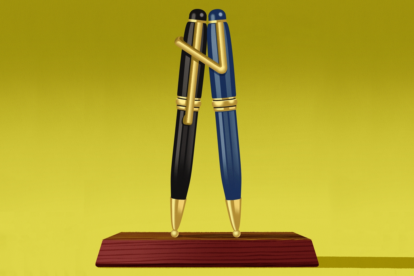 Illustration of two pens hugging each other.